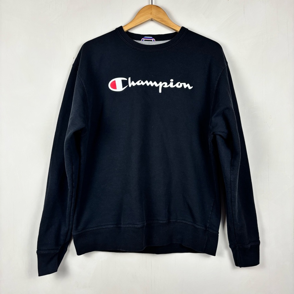 Champion Men’s Crewneck Script Logo Black Pullover Sweatshirt L Streetwear
